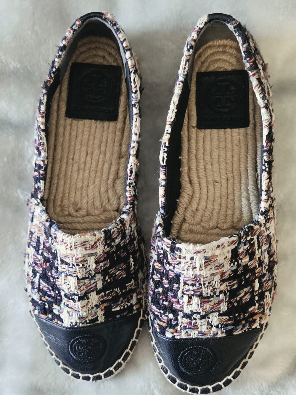 Tory Burch Tweed Cap Toe Flats in Black & Cream